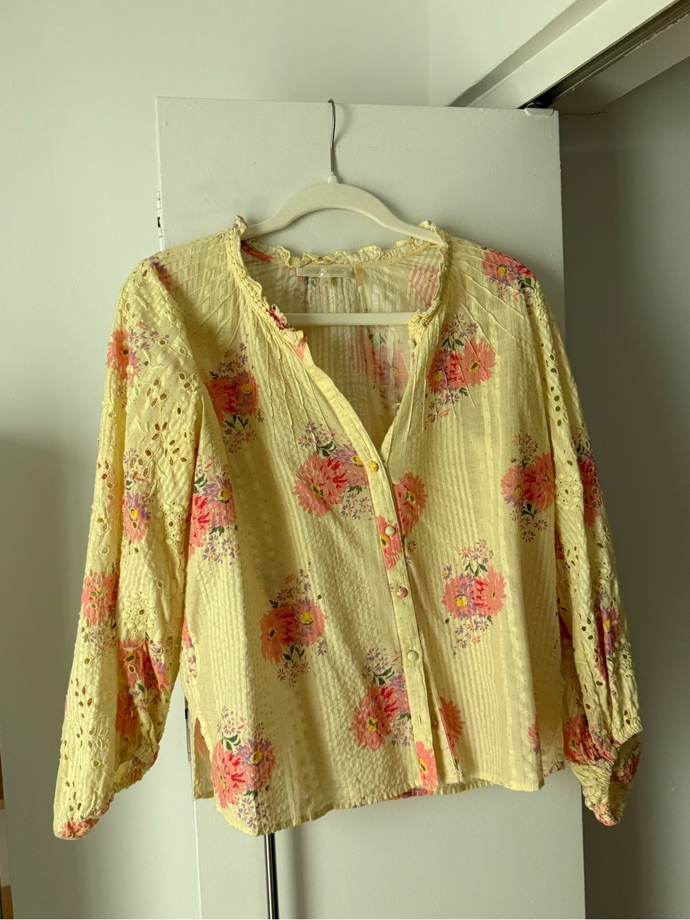 LoveShackFancy Yellow Floral Button-Down Eyelet Blouse